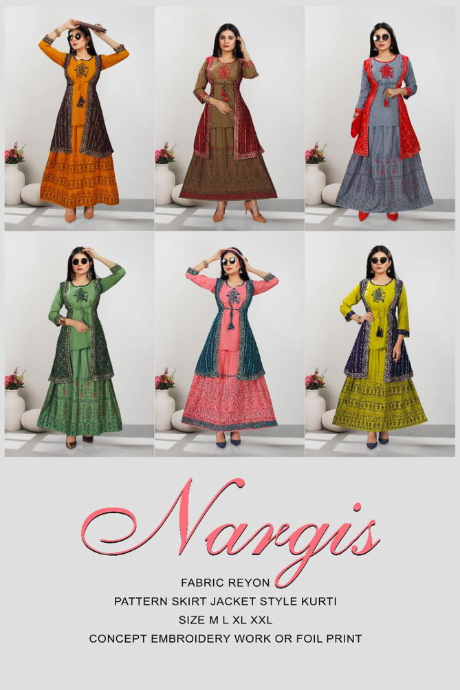 Beauty Queen Nargis 1 Heavy Rayon Printed Ethnic Wear Kurti With Skirt Collection